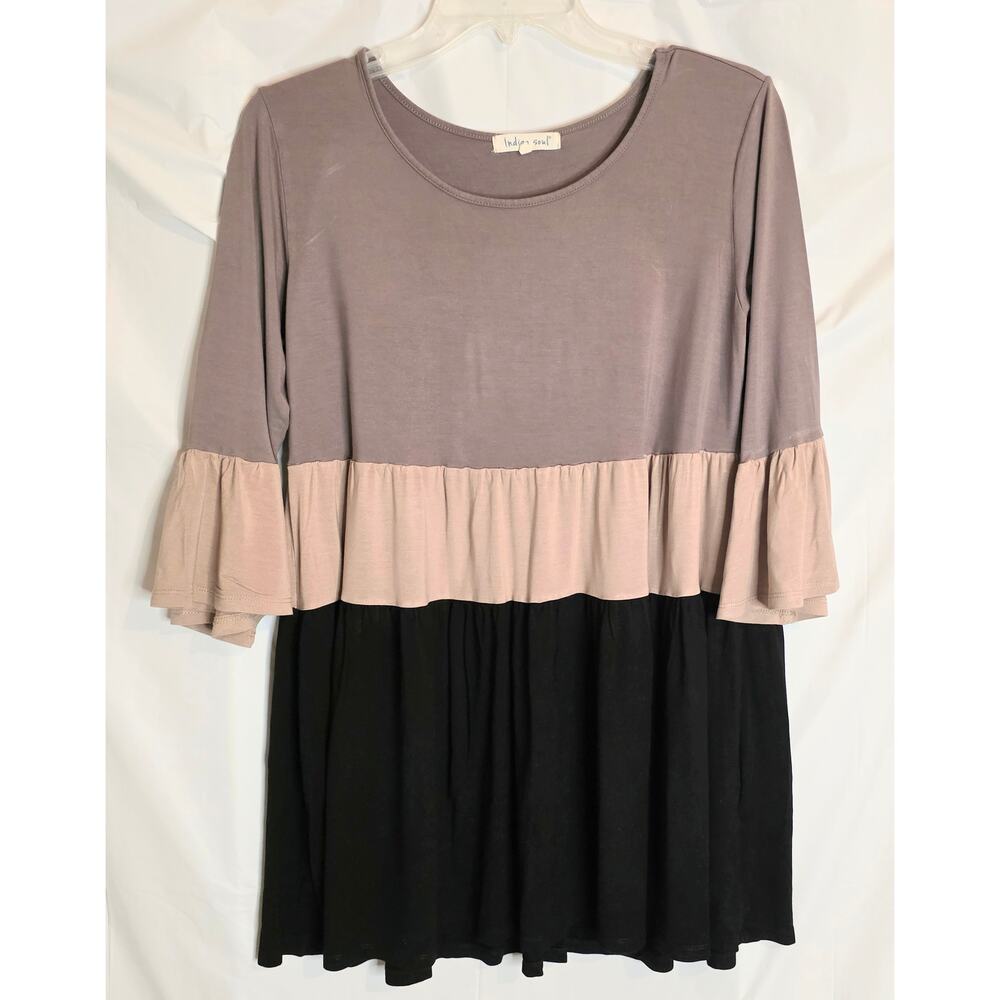 Indigo Soul Tiered Top Pullover Women's Size S Black Brown Tan Bell Sleeves
